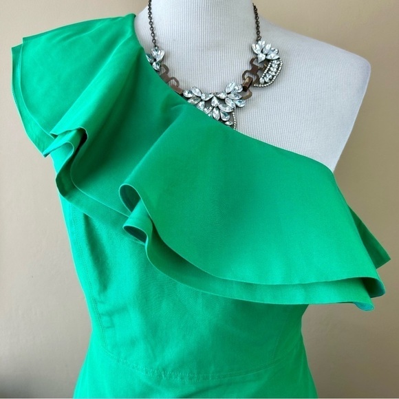J Crew Faille One-Shoulder Ruffle Dress Size 8P Cocktail Sheath Kelly Green - Picture 4 of 14